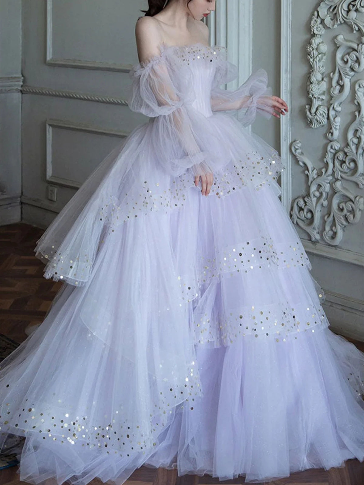 Homecoming Dresses Purple And White Formal Dresses Long Sleeves Light Purple Layered Prom Dresses, Purple Beaded Homecoming Dresses Purple And White Formal Dresses Long Sleeves Light Purple Layered Prom Dresses, Purple Beaded