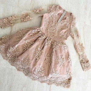 Long Sleeves Short Champagne Lace Prom Dresses, Long Sleeves V Neck Short Champagne Lace Formal Homecoming Dresses