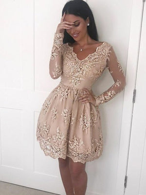 Long Sleeves Short Champagne Lace Prom Dresses, Long Sleeves V Neck Short Champagne Lace Formal Homecoming Dresses