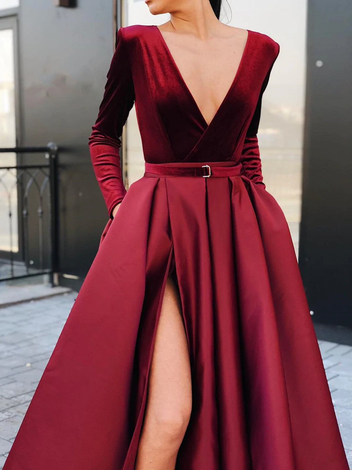 Long Sleeves V Neck Burgundy/ Black Prom Dress, Burgundy/Black Formal - shegown Long Sleeves V Neck Burgundy/ Black Prom Dress, Burgundy/Black Formal - shegown