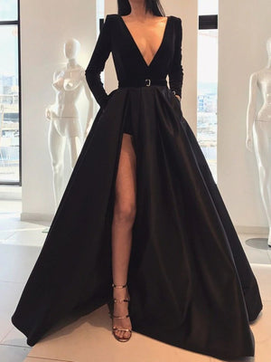Long Sleeves V Neck Burgundy/ Black Prom Dress with High Slit, Burgundy/Black Long Sleeves V Neck Formal Graduation Dresses