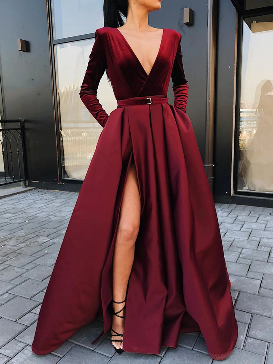 Long Sleeves V Neck Burgundy/ Black Prom Dress with High Slit, Burgundy/Black Long Sleeves V Neck Formal Graduation Dresses