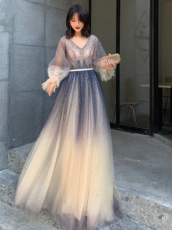 Long Sleeves Blue Ombre Beaded Prom Dresses, Long Sleeves Blue Ombre F -  shegown