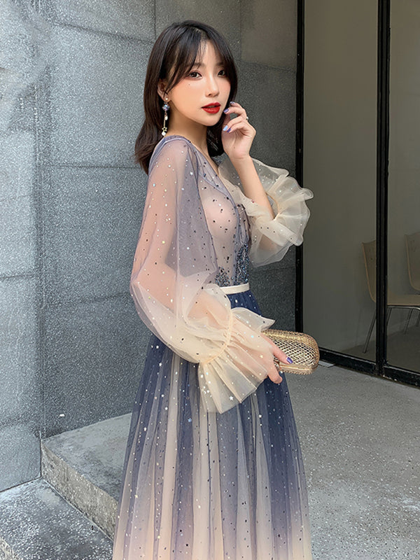 Long Sleeves Blue Ombre Beaded Prom Dresses, Long Sleeves Blue Ombre Formal Evening Dresses