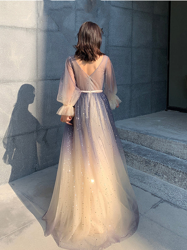 Long Sleeves Blue Ombre Beaded Prom Dresses, Long Sleeves Blue Ombre F - shegown Long Sleeves Blue Ombre Beaded Prom Dresses, Long Sleeves Blue Ombre F - shegown