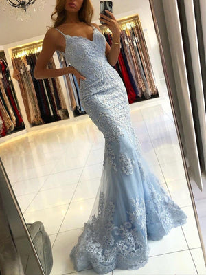 Mermaid Blue Lace Prom Dresses, Spaghetti Straps Blue Mermaid Lace Formal Evening Dresses
