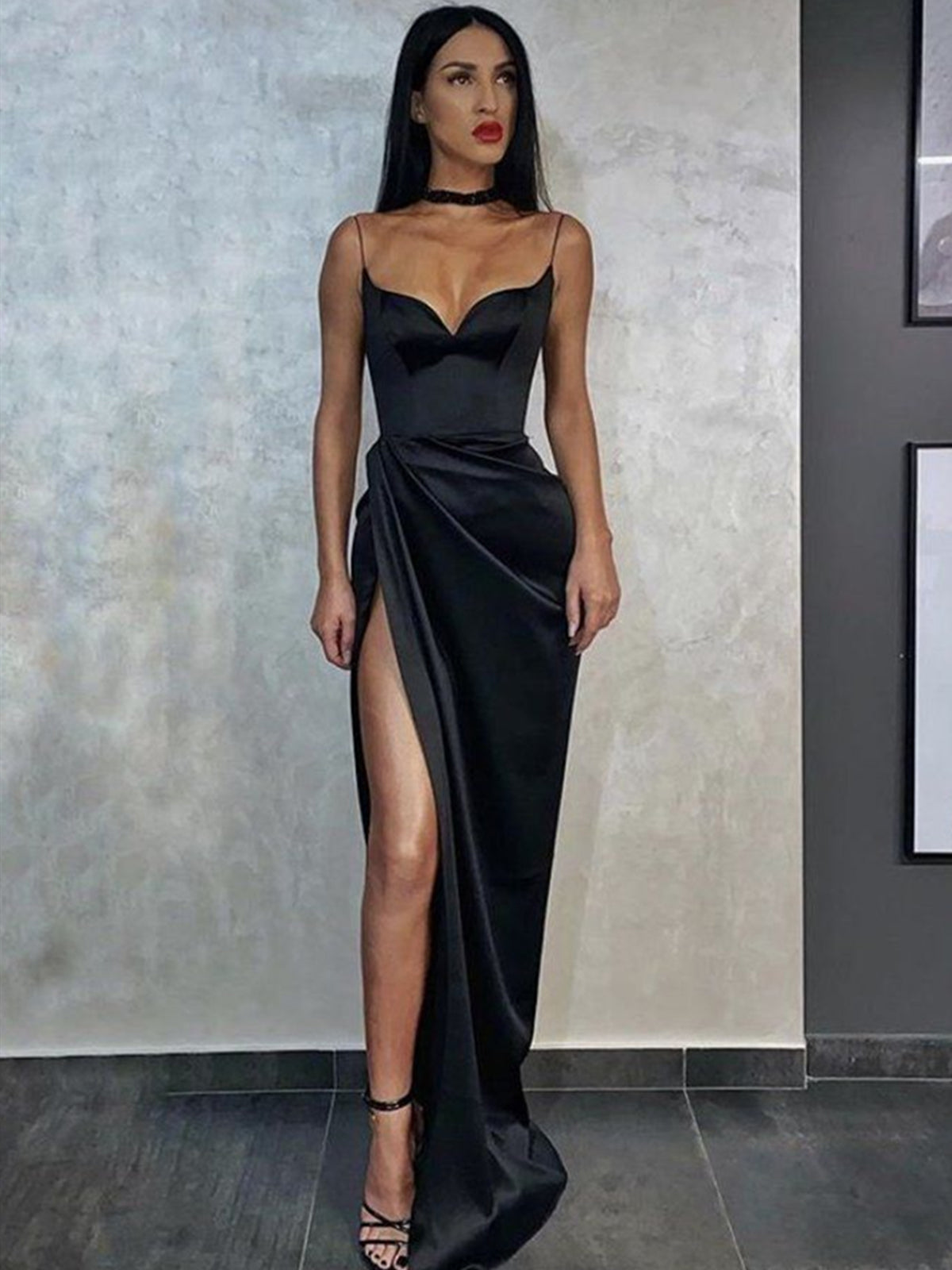 Mermaid Spaghetti Straps Black Slit Prom Dresses, Black Mermaid Satin - shegown Mermaid Spaghetti Straps Black Slit Prom Dresses, Black Mermaid Satin - shegown