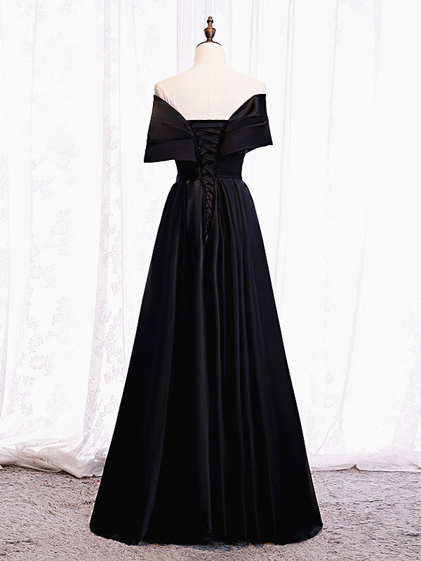 Off the Shoulder Black Long Prom Dresses with Corset Back, Black Off the Shoulder Formal Evening Dresses
