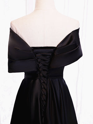 Off the Shoulder Black Long Prom Dresses with Corset Back, Black Off the Shoulder Formal Evening Dresses