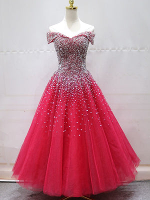 Off the Shoulder Red Long Prom Gown, Off the Shoulder Red Beaded Formal Evening Dresses