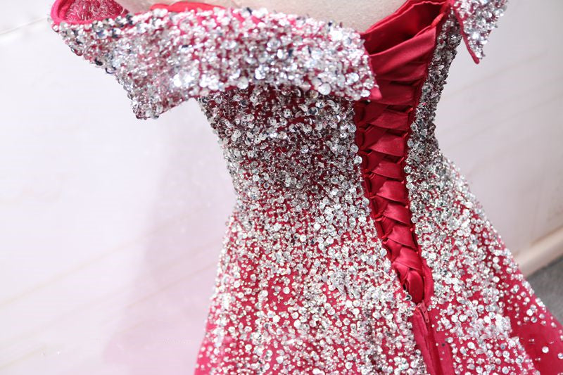Off the Shoulder Red Long Prom Gown, Off the Shoulder Red Beaded Forma - shegown Off the Shoulder Red Long Prom Gown, Off the Shoulder Red Beaded Forma - shegown