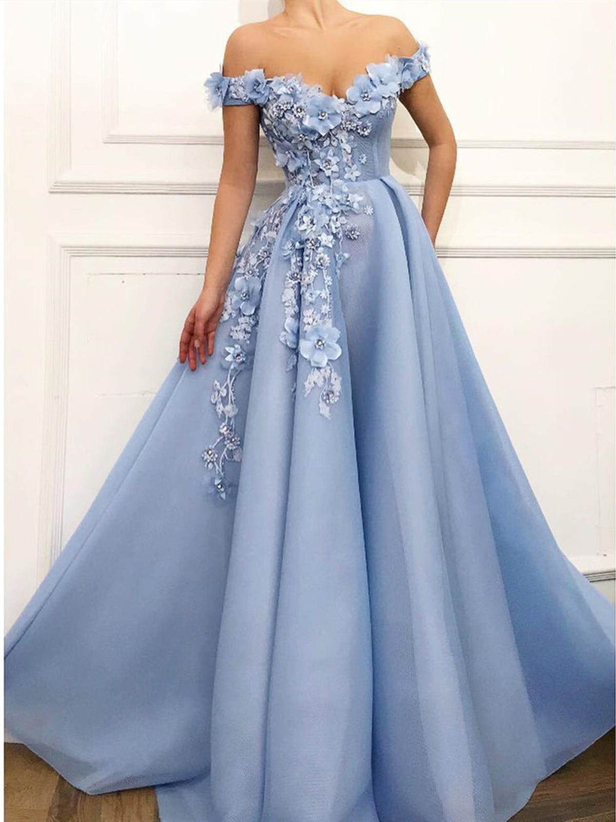 Off the Shoulder Blue Lace Floral Prom Dresses, Off Shoulder Blue Lace Formal Graduation Dresses Off the Shoulder Blue Lace Floral Prom Dresses, Off Shoulder Blue Lace Formal Graduation Dresses