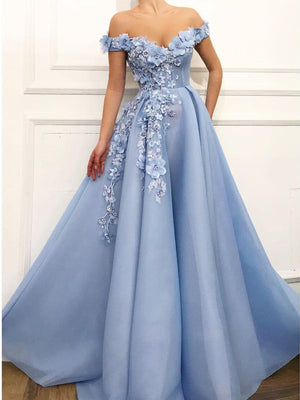 Off the Shoulder Blue Lace Floral Prom Dresses, Off Shoulder Blue Lace Formal Graduation Dresses