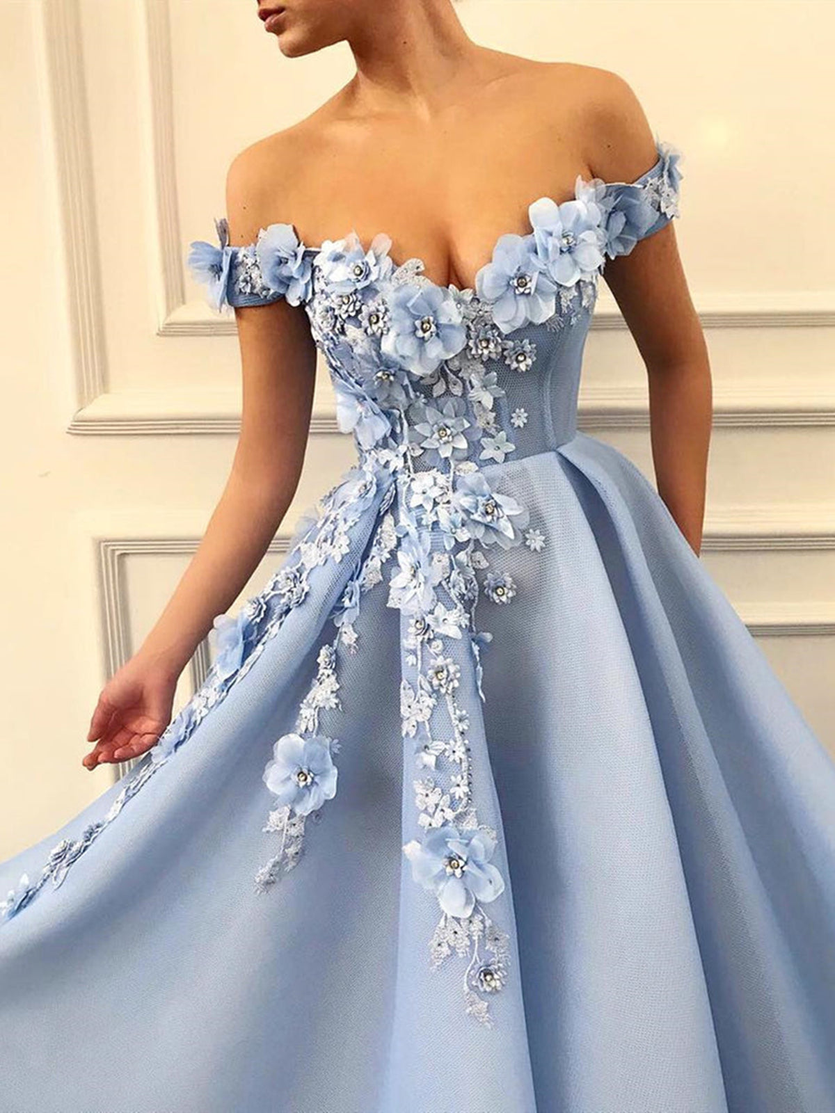 Off the Shoulder Blue Lace Floral Prom Dresses, Off Shoulder Blue Lace - shegown Off the Shoulder Blue Lace Floral Prom Dresses, Off Shoulder Blue Lace - shegown