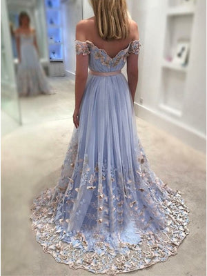 Products Off the Shoulder Blue Lace Prom Dresses, Off Shoulder Blue Lace Floral Formal Evening Dresses