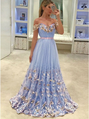 Products Off the Shoulder Blue Lace Prom Dresses, Off Shoulder Blue Lace Floral Formal Evening Dresses