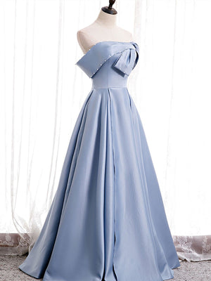 Off the Shoulder Blue Satin Long Prom Dresses, Off Shoulder Blue Formal Evening Dresses