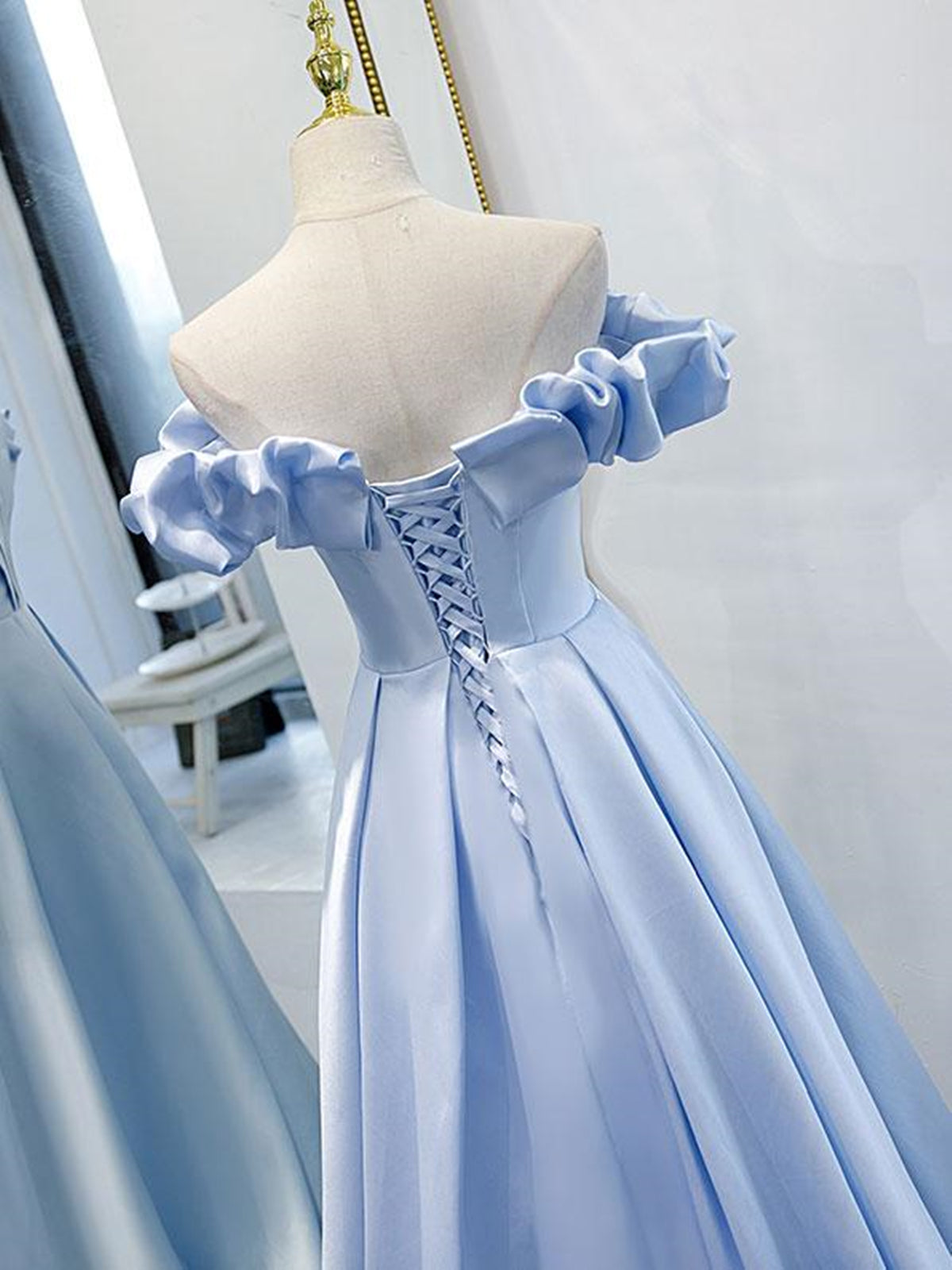 Off the Shoulder Blue Satin Prom Dresses, Sky Blue Off Shoulder Satin - shegown Off the Shoulder Blue Satin Prom Dresses, Sky Blue Off Shoulder Satin - shegown
