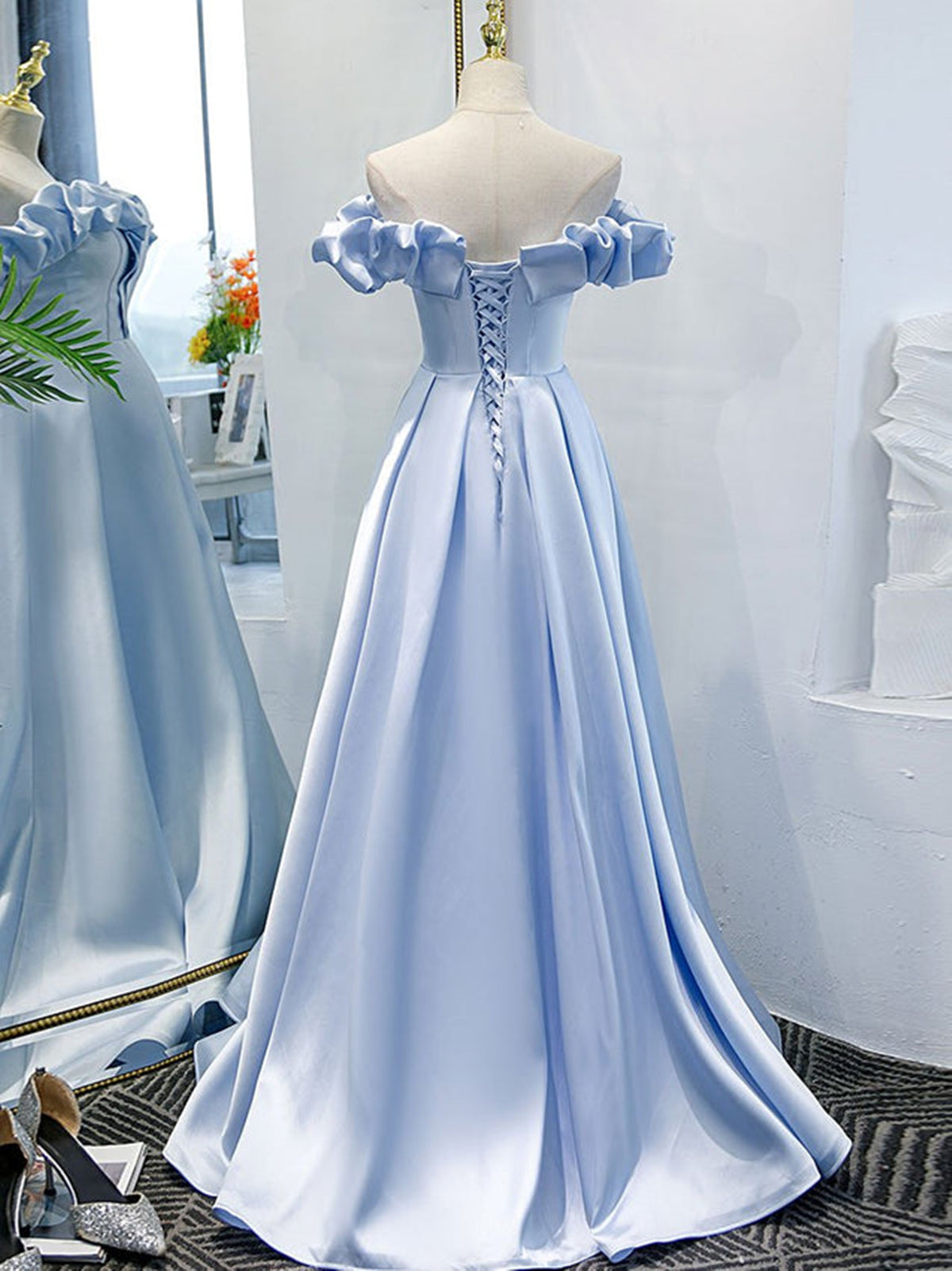 Sky Blue Satin Off-the-shoulder Split Ball Gown - Promfy