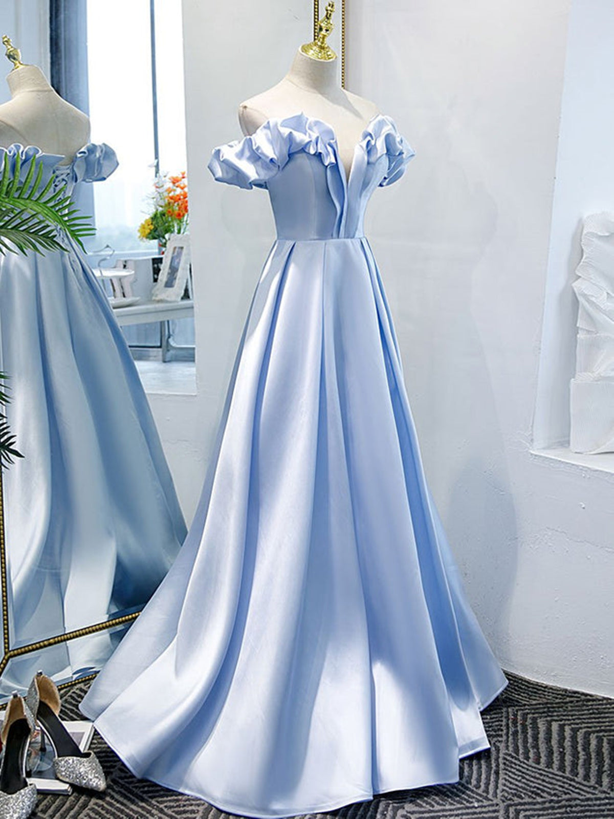Off the Shoulder Blue Satin Prom Dresses, Sky Blue Off Shoulder Satin Long Formal Graduation Dresses, US 12 / Custom Color / No Rush Off the Shoulder Blue Satin Prom Dresses, Sky Blue Off Shoulder Satin Long Formal Graduation Dresses, US 12 / Custom Color / No Rush