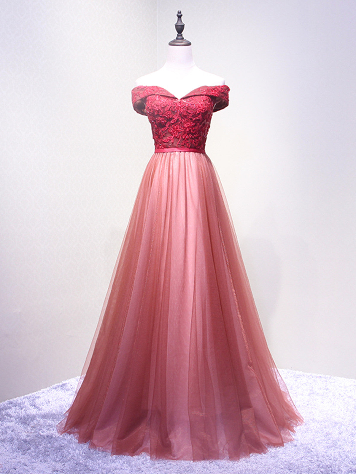Off the Shoulder Burgundy Gray Lace Prom Dresses, Wine Red Grey Lace F - shegown Off the Shoulder Burgundy Gray Lace Prom Dresses, Wine Red Grey Lace F - shegown