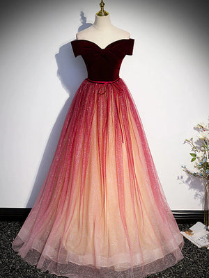 Off the Shoulder Burgundy Ombre Long Prom Dresses, Wine Red Ombre Long Formal Evening Dresses