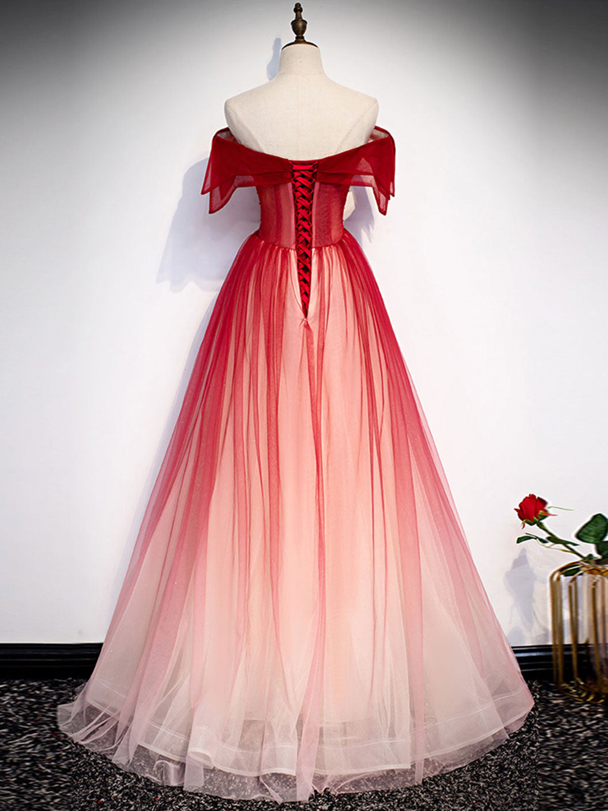 Off the Shoulder Burgundy Tulle Prom Dresses, Burgundy Tulle Formal Gr - shegown Off the Shoulder Burgundy Tulle Prom Dresses, Burgundy Tulle Formal Gr - shegown