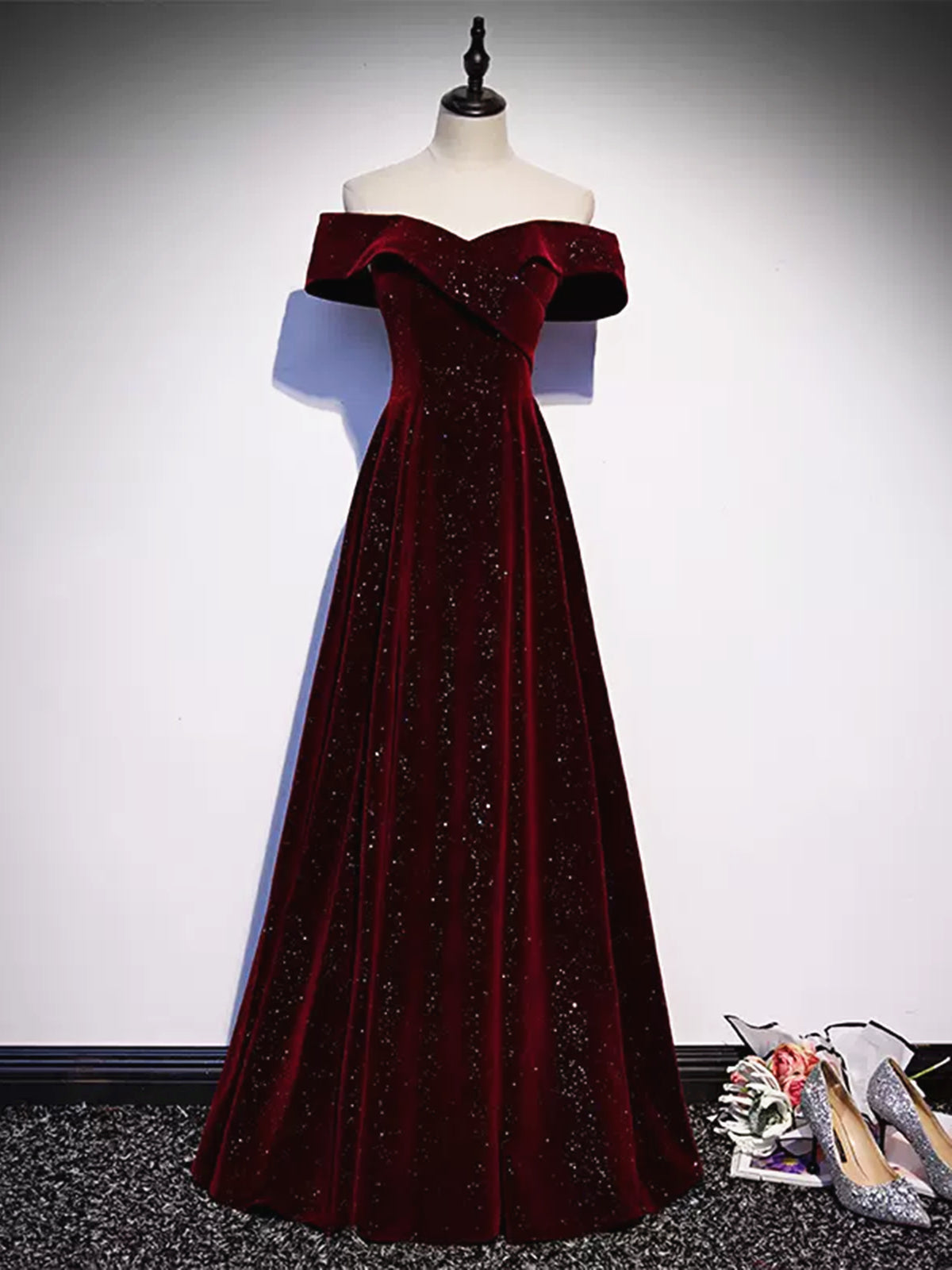 Off the Shoulder Burgundy Velvet Long Prom Dresses, Wine Red Long Formal Graduation Dresses, Custom Size / Burgundy as Pics / No Rush Off the Shoulder Burgundy Velvet Long Prom Dresses, Wine Red Long Formal Graduation Dresses, Custom Size / Burgundy as Pics / No Rush
