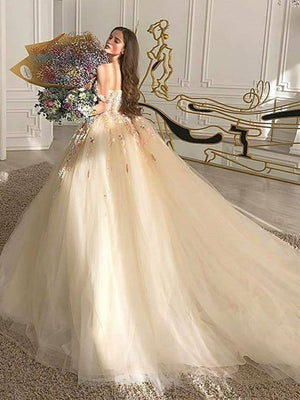 Off the Shoulder Champagne Lace Floral Long Prom Dresses, Off Shoulder Champagne Lace Formal Evening Dresses