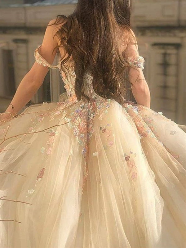 Off the Shoulder Champagne Lace Floral Long Prom Dresses, Champagne La - shegown Off the Shoulder Champagne Lace Floral Long Prom Dresses, Champagne La - shegown