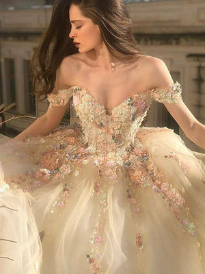 Off the Shoulder Champagne Lace Floral Long Prom Dresses, Off Shoulder Champagne Lace Formal Evening Dresses
