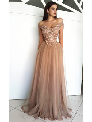 Off the Shoulder Champagne Lace Prom Dresses, Champagne Off Shoulder Lace Formal Evening Dresses