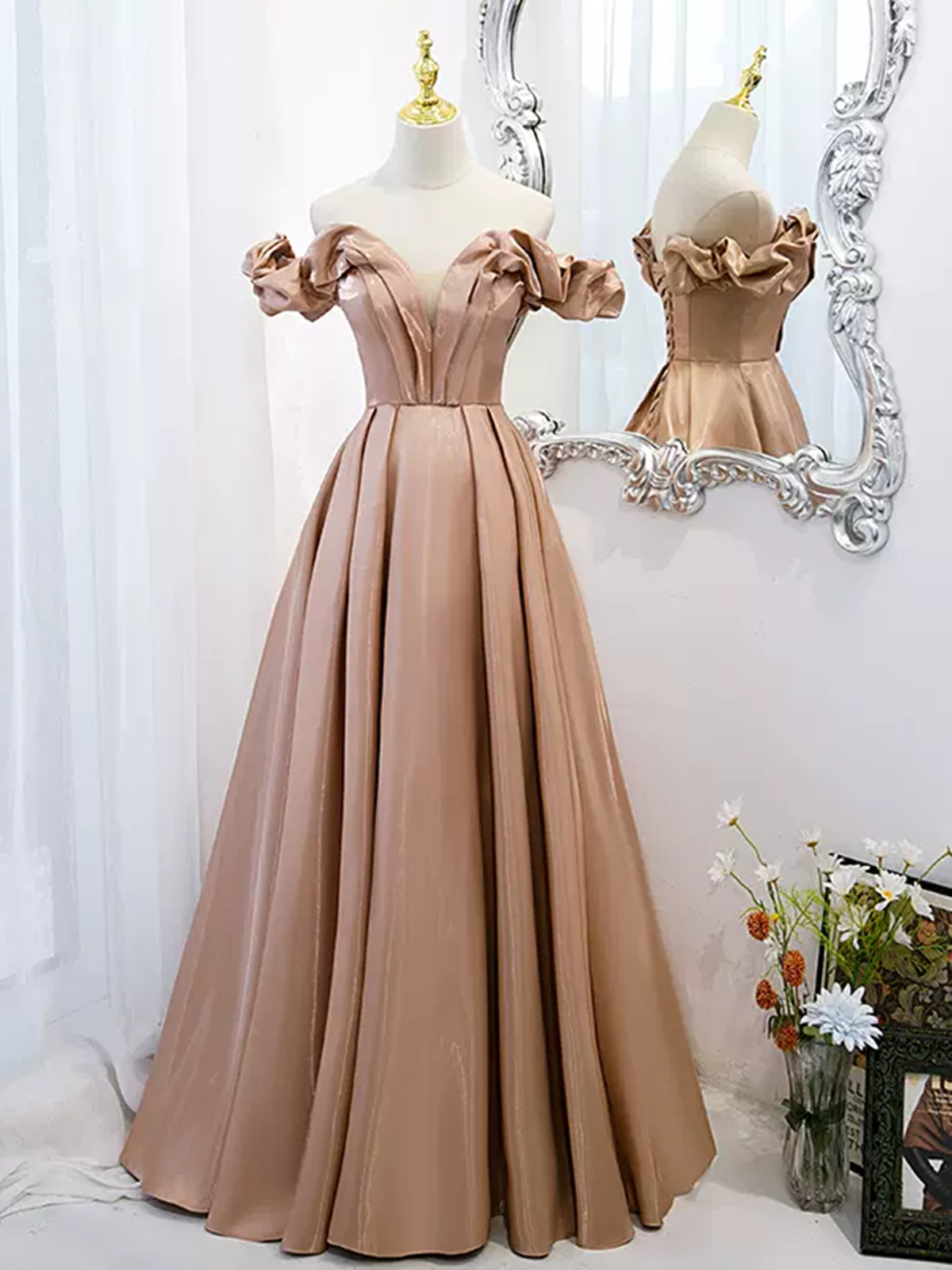 Off the Shoulder Champagne Satin Prom Dresses, Champagne Long Formal Evening Dresses Off the Shoulder Champagne Satin Prom Dresses, Champagne Long Formal Evening Dresses