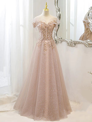 Off the Shoulder Champagne Tulle Lace Prom Dresses, Off Shoulder Champagne Lace Formal Evening Dresses