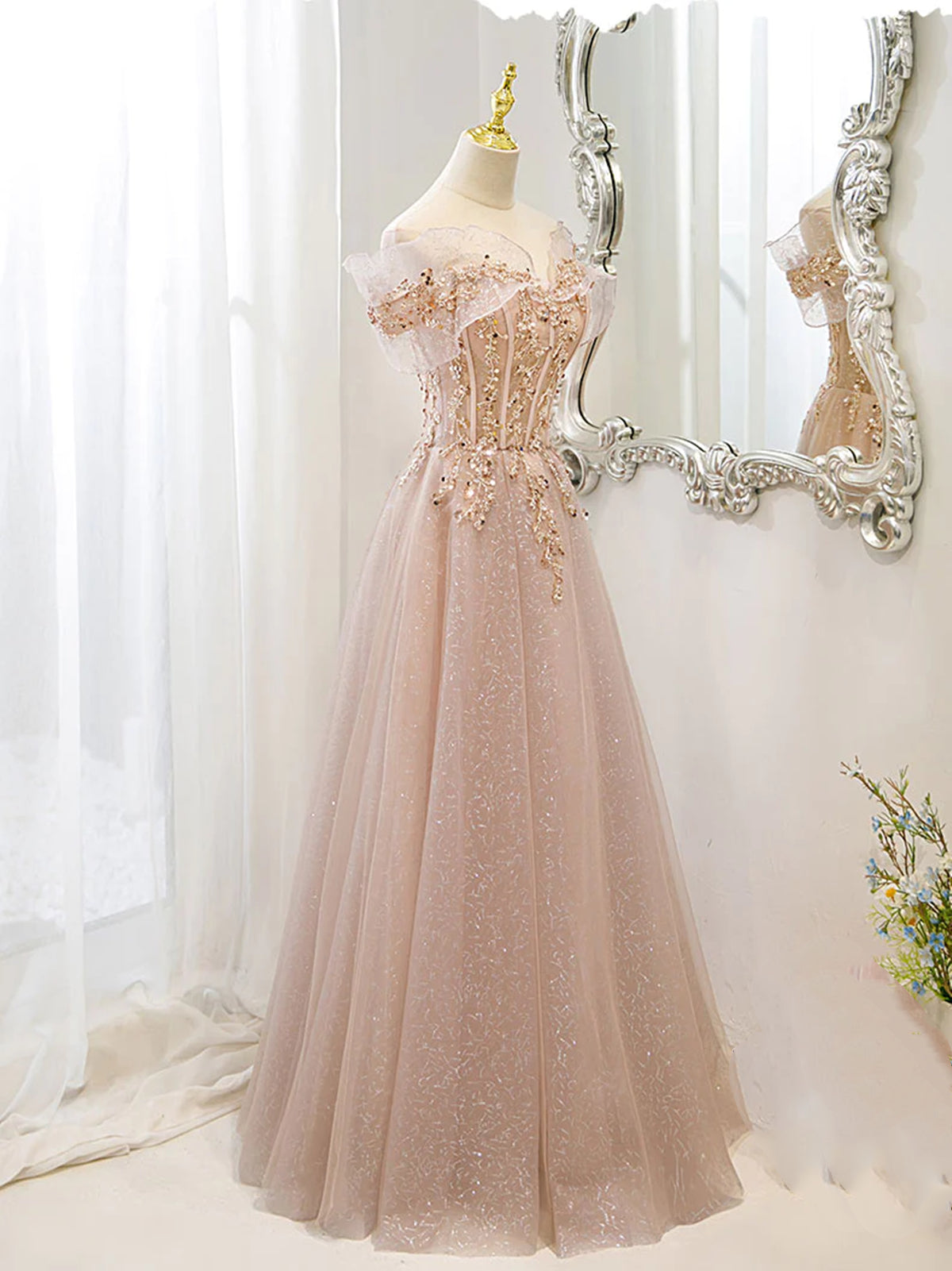 Off the Shoulder Champagne Tulle Lace Prom Dress, Off Shoulder Champag - shegown Off the Shoulder Champagne Tulle Lace Prom Dress, Off Shoulder Champag - shegown