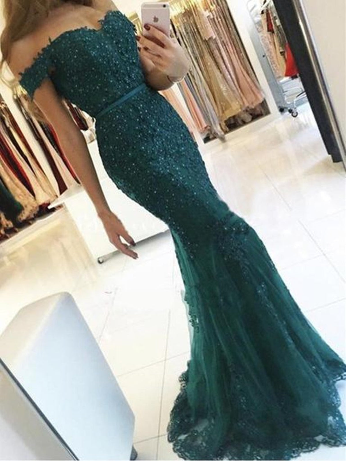 Off the Shoulder Dark Green Lace Prom Dresses, Off Shoulder Dark Green Lace Formal Evening Dresses, US 12 / Custom Color / With Rush+$19.99 Off the Shoulder Dark Green Lace Prom Dresses, Off Shoulder Dark Green Lace Formal Evening Dresses, US 12 / Custom Color / With Rush+$19.99