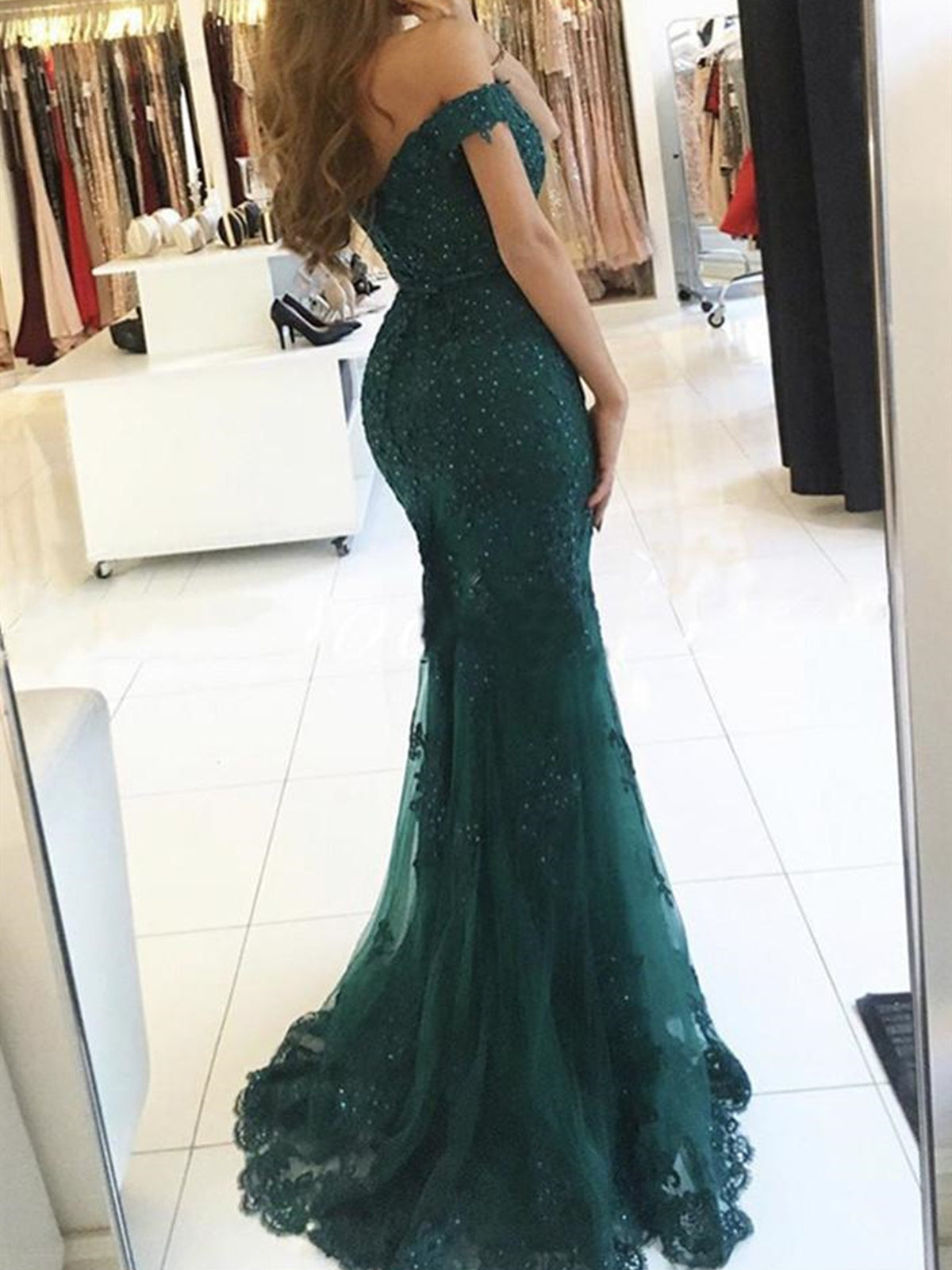 Off the Shoulder Dark Green Lace Prom Dresses, Off Shoulder Dark Green - shegown Off the Shoulder Dark Green Lace Prom Dresses, Off Shoulder Dark Green - shegown