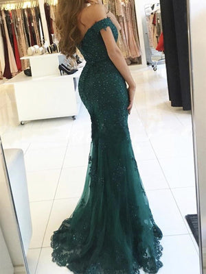Off the Shoulder Dark Green Lace Prom Dresses, Off Shoulder Dark Green Lace Formal Evening Dresses