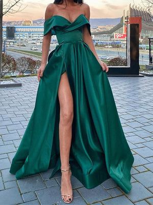 Off the Shoulder Emerald Green Satin Long Prom Dresses, Emerald Green Off Shoulder Formal Graduation Dresses
