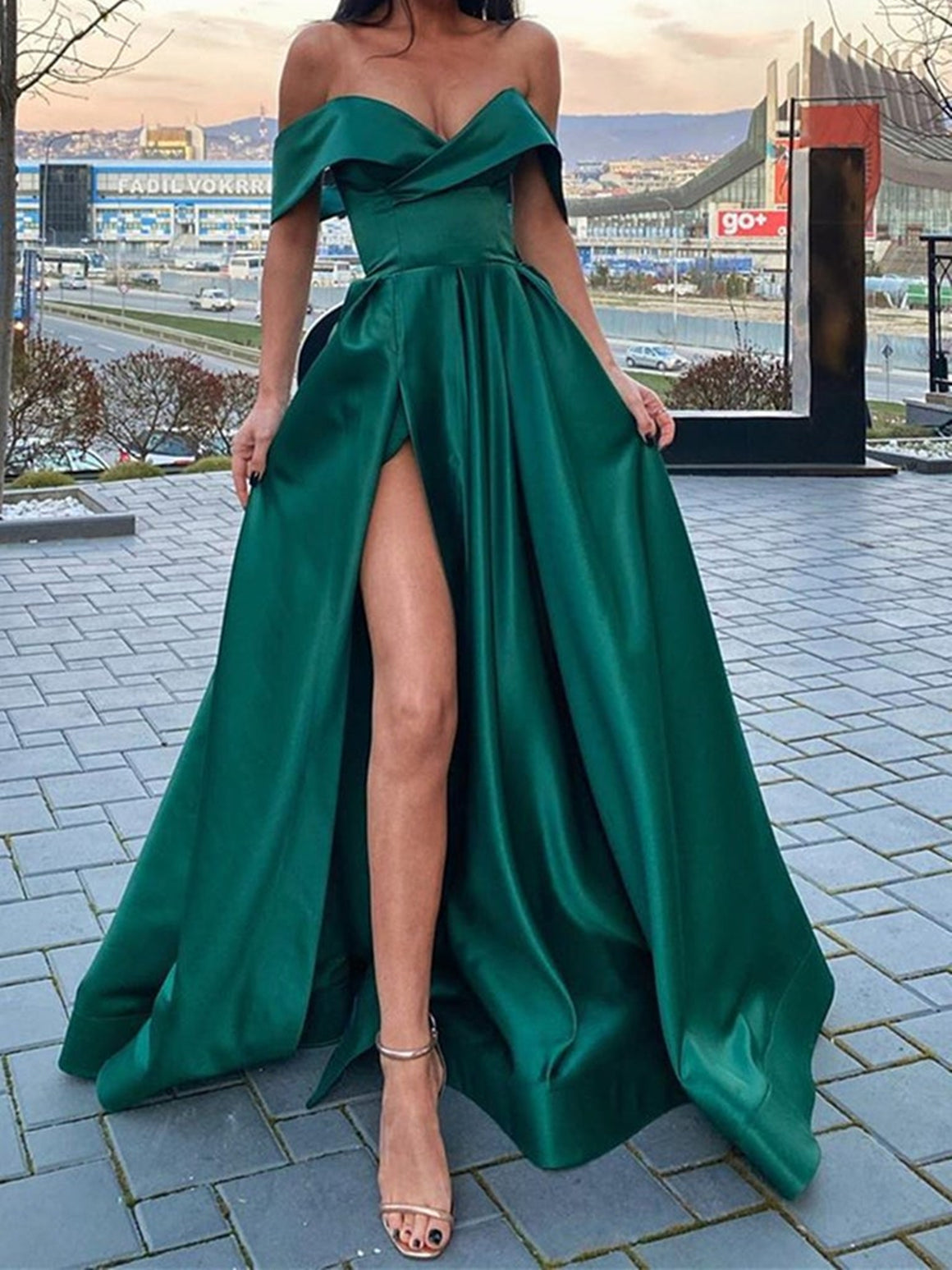 Off the Shoulder Emerald Green Satin Long Prom Dresses, Emerald Green Off Shoulder Formal Graduation Dresses