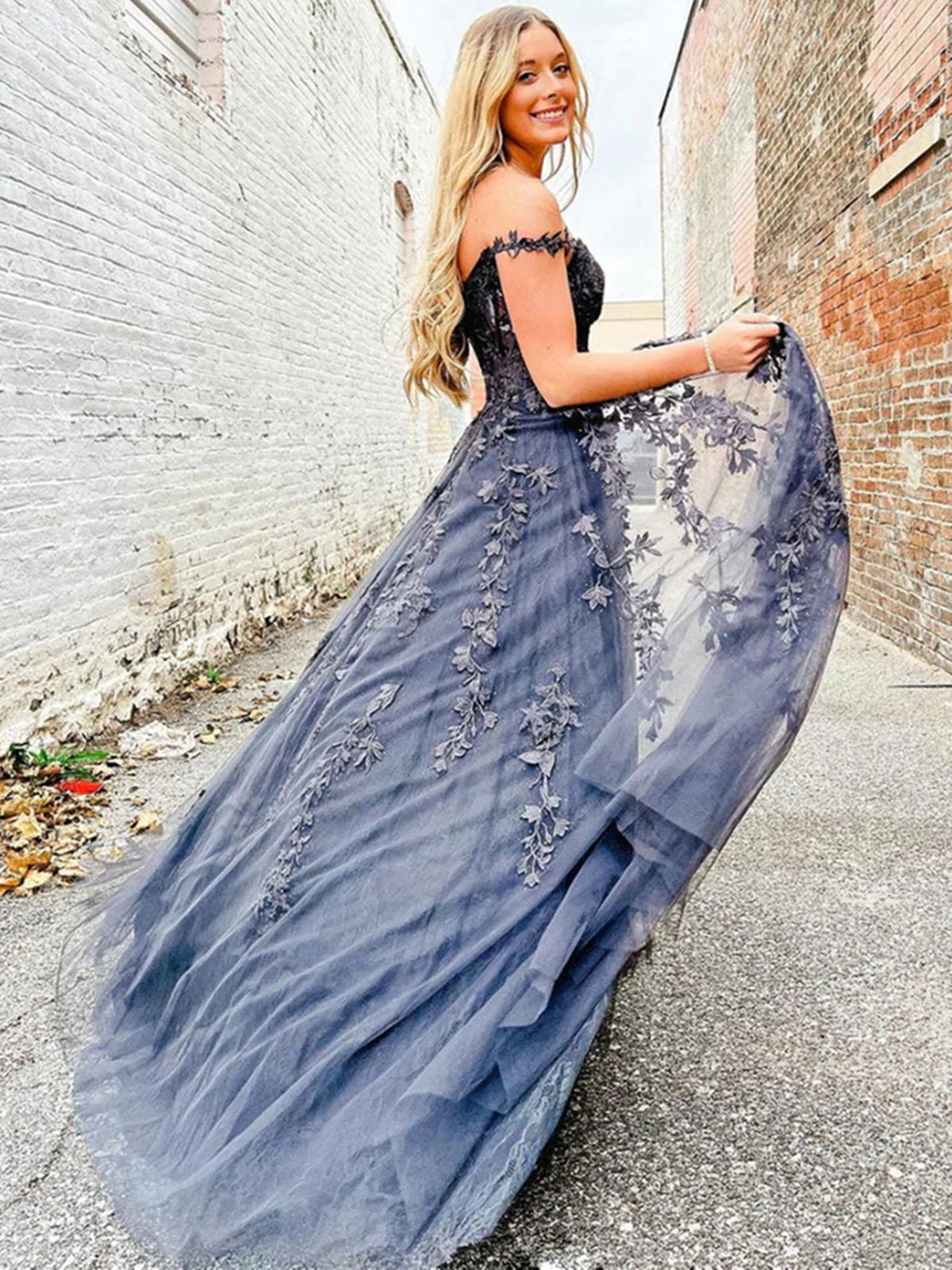 Off the Shoulder Gray Lace Prom Dresses, Off Shoulder Gray Lace Formal - shegown Off the Shoulder Gray Lace Prom Dresses, Off Shoulder Gray Lace Formal - shegown