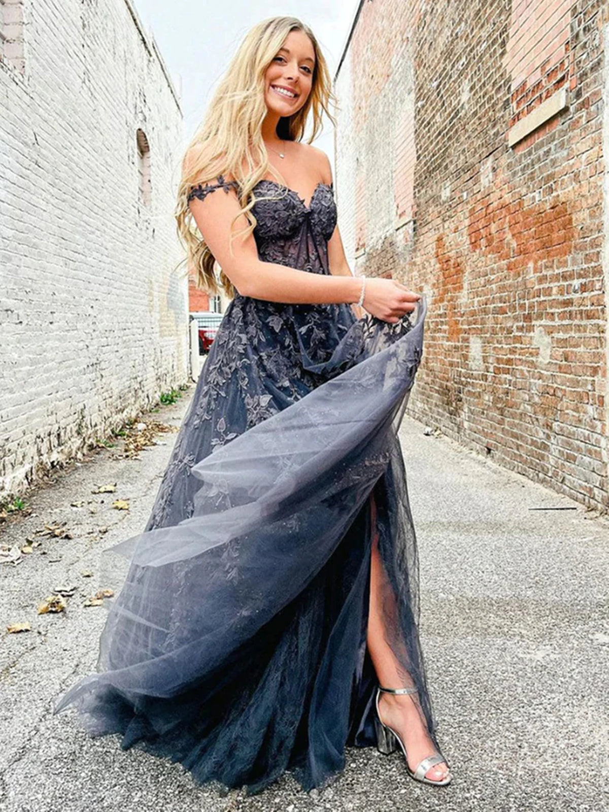 Off the Shoulder Gray Lace Prom Dresses, Off Shoulder Gray Lace Formal - shegown Off the Shoulder Gray Lace Prom Dresses, Off Shoulder Gray Lace Formal - shegown