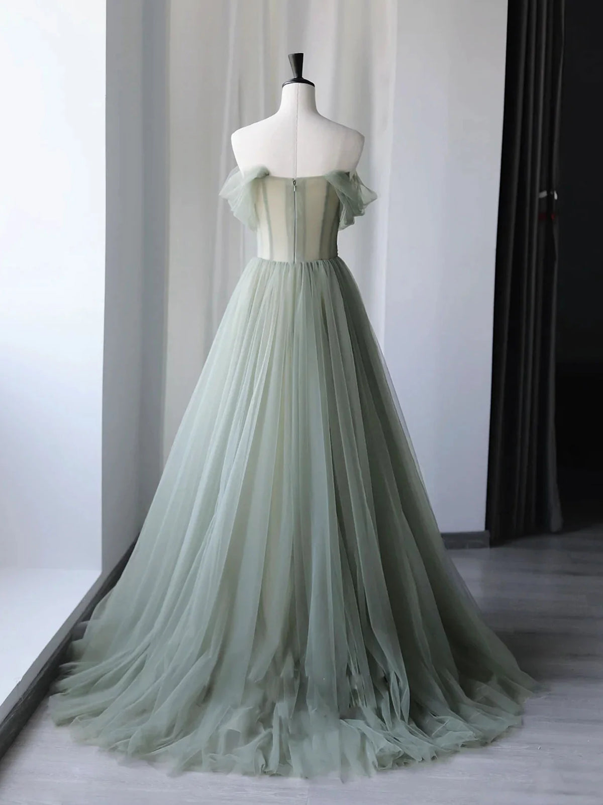 Off the Shoulder Green Floral Long Prom Dresses, Green Floral Long For - shegown Off the Shoulder Green Floral Long Prom Dresses, Green Floral Long For - shegown