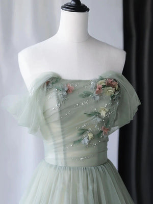 Off the Shoulder Green Floral Long Prom Dresses, Green Floral Long Formal Evening Dresses