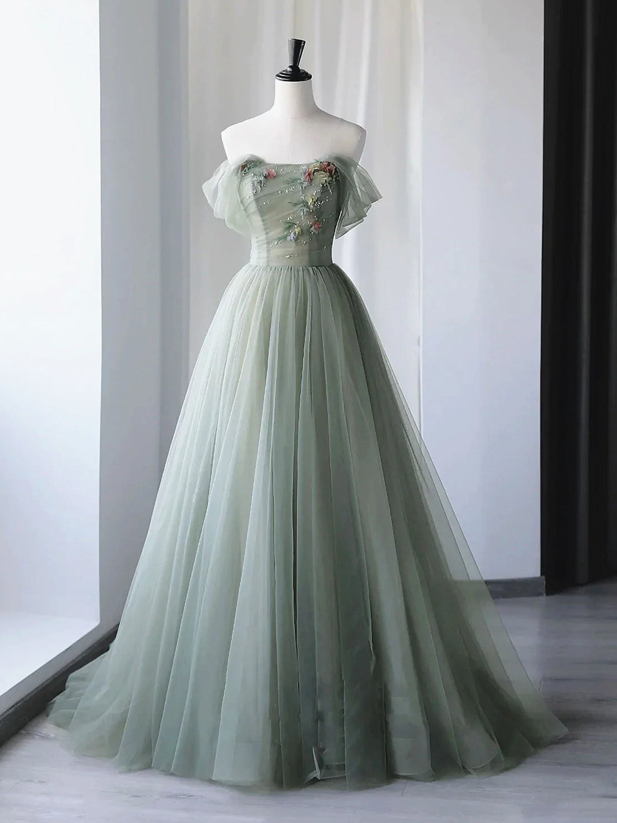 Off the Shoulder Green Floral Long Prom Dresses, Green Floral Long Formal Evening Dresses, US 4 / Custom Color / With Rush+$19.99 Off the Shoulder Green Floral Long Prom Dresses, Green Floral Long Formal Evening Dresses, US 4 / Custom Color / With Rush+$19.99