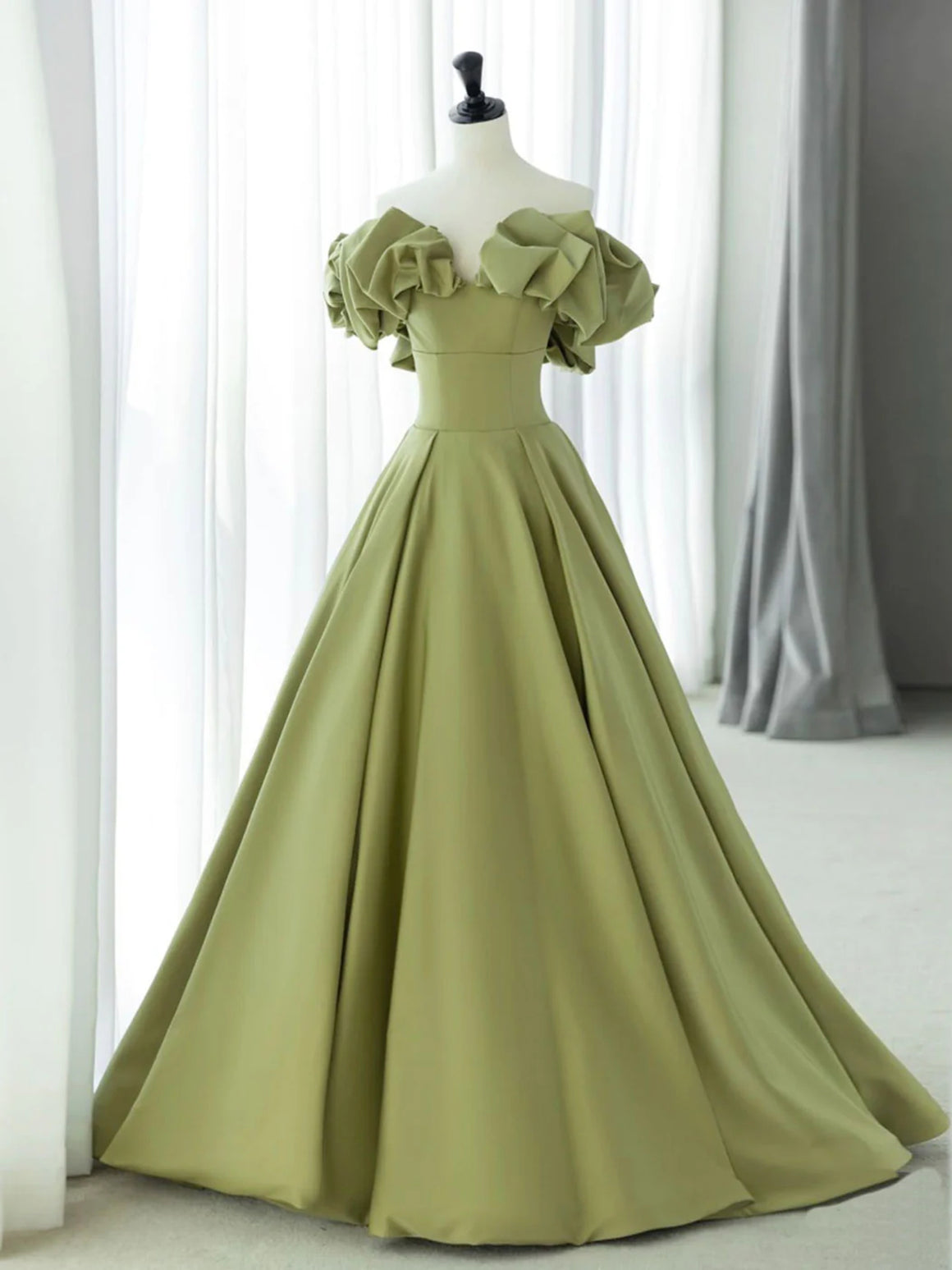 Off the Shoulder Green Satin Long Prom Dresses, Green Satin Long Formal Evening Dresses