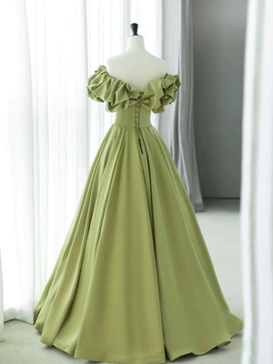 Off the Shoulder Green Satin Long Prom Dresses, Green Satin Long Formal Evening Dresses