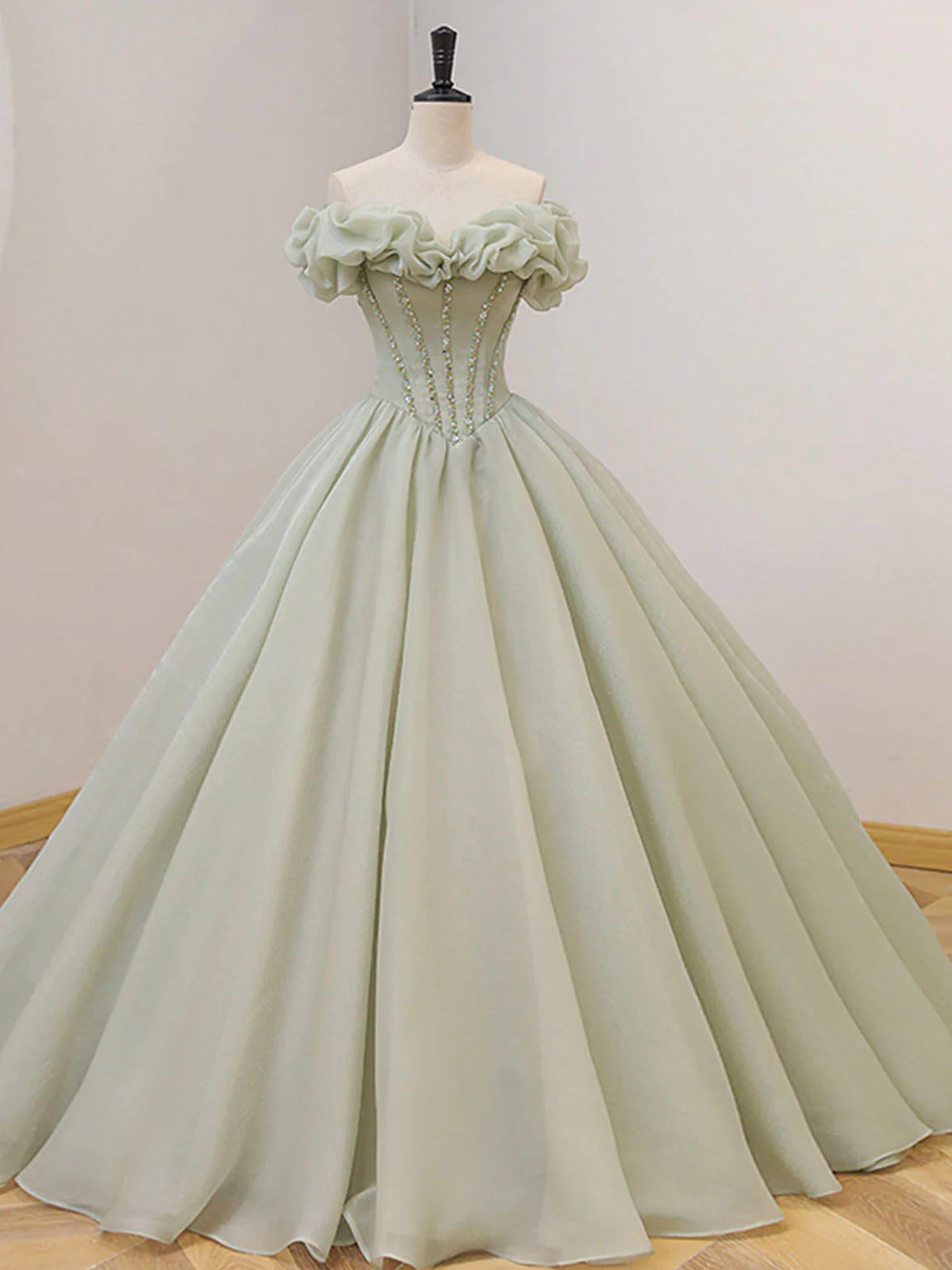 Off the Shoulder Green Tulle Beaded Prom Dresses, Green Beaded Off Sho - shegown Off the Shoulder Green Tulle Beaded Prom Dresses, Green Beaded Off Sho - shegown
