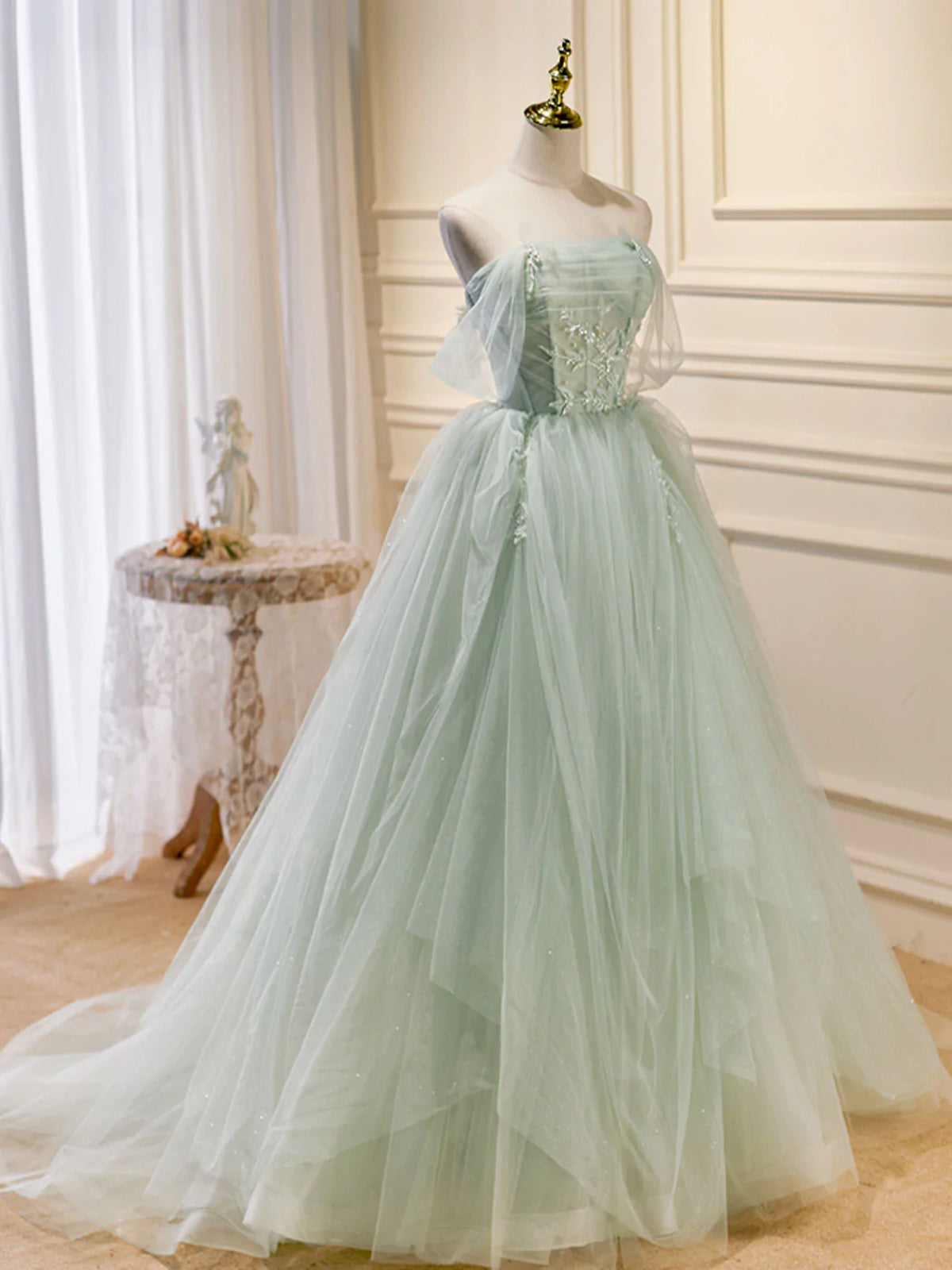 Off the Shoulder Green Tulle Long Prom Dresses, Green Off Shoulder Lon - shegown Off the Shoulder Green Tulle Long Prom Dresses, Green Off Shoulder Lon - shegown