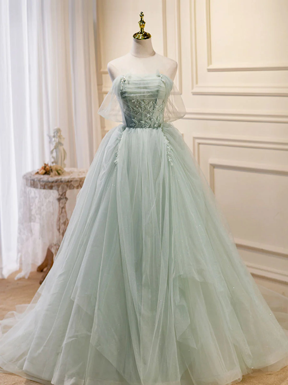 Off the Shoulder Green Tulle Long Prom Dresses, Green Off Shoulder Lon - shegown Off the Shoulder Green Tulle Long Prom Dresses, Green Off Shoulder Lon - shegown